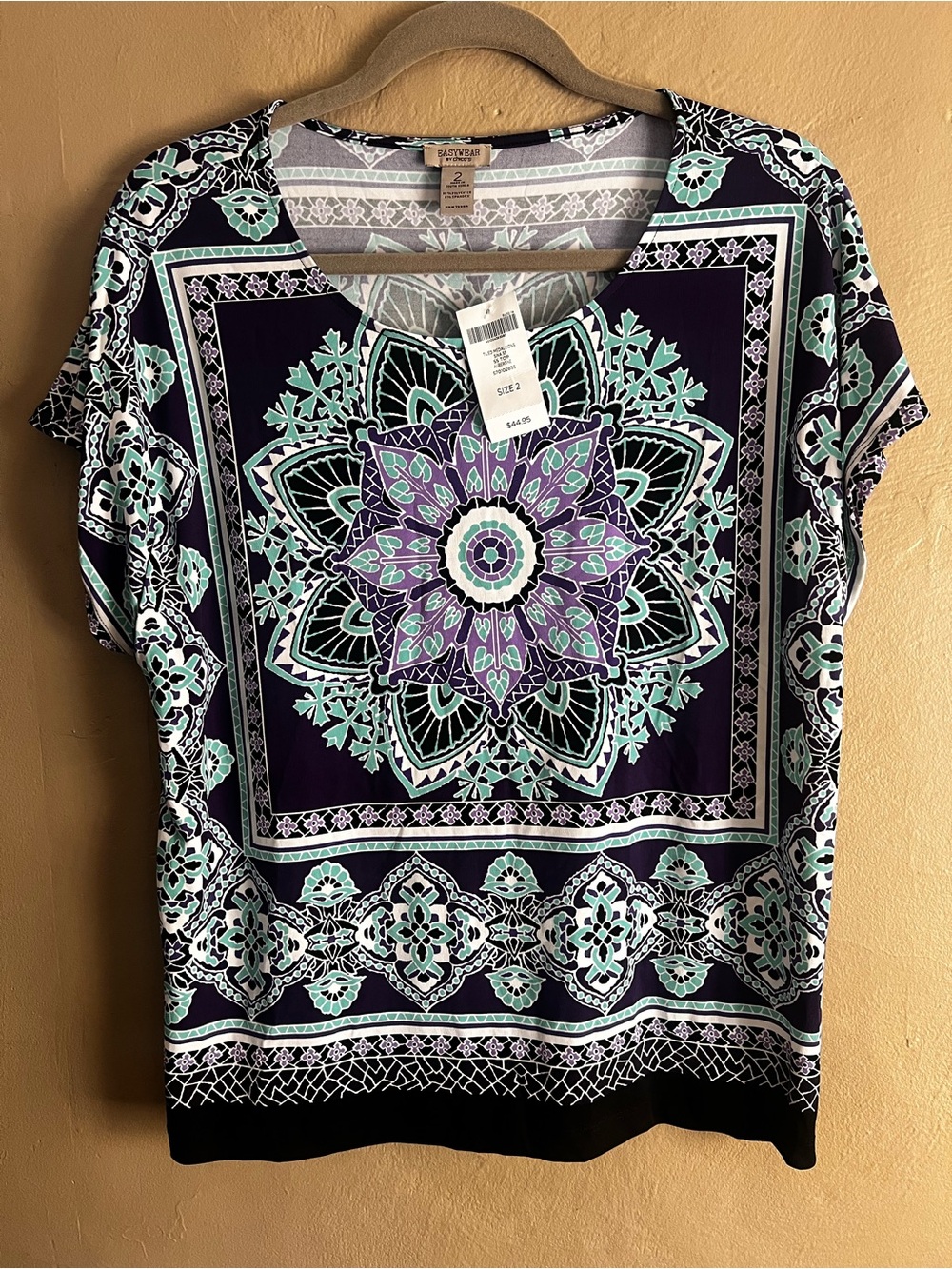 Chico's Black Turquoise Purple Medallion Short Sleeve Top